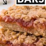 pin image for rhubarb bars showing the bars stacked on a white plate and a text saying regular or gluten-free