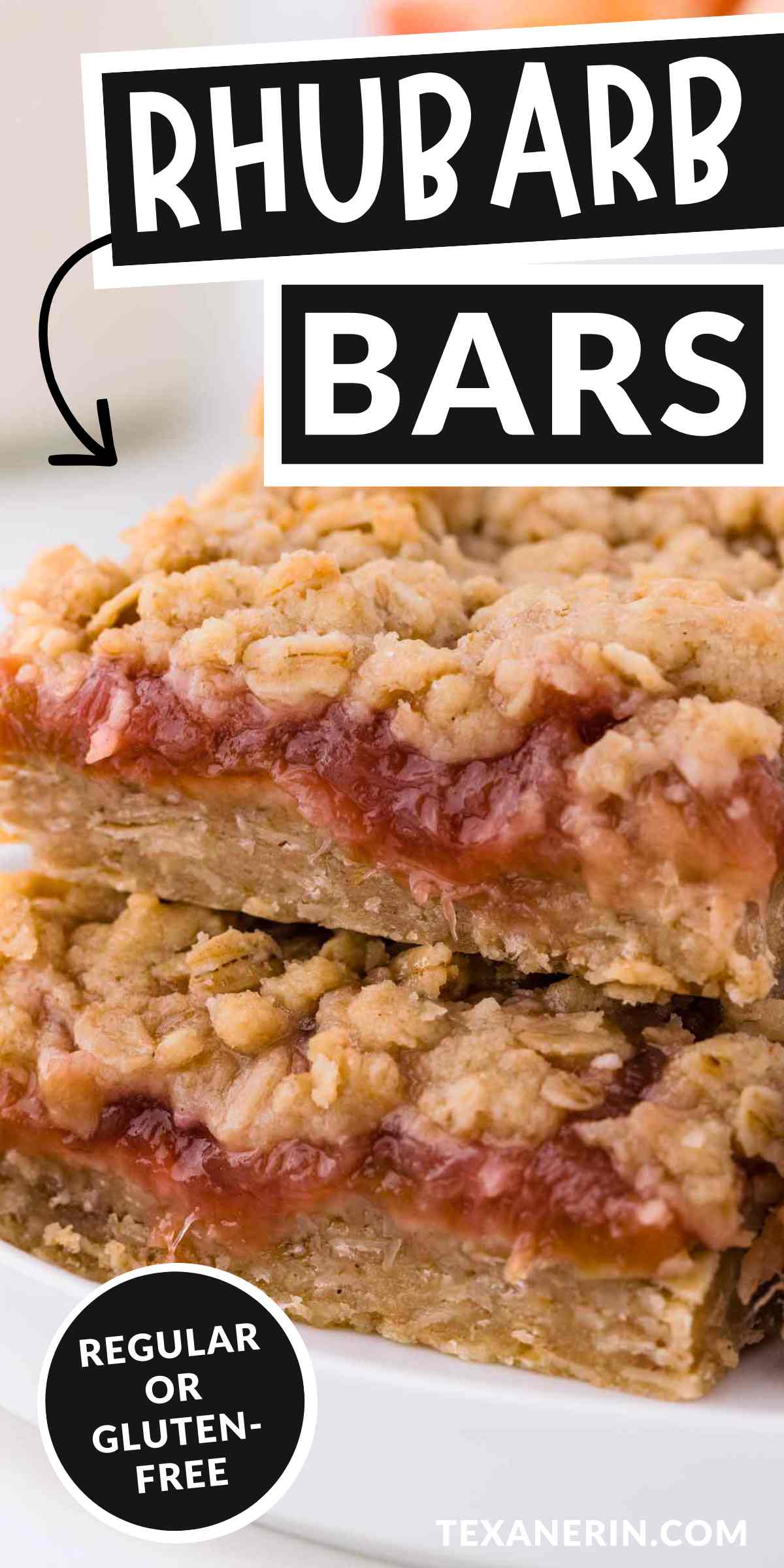 pin image for rhubarb bars showing the bars stacked on a white plate and a text saying regular or gluten-free