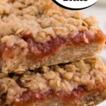 pin image for rhubarb bars showing the bars stacked on a white plate on a white table and a text saying regular or gluten-free