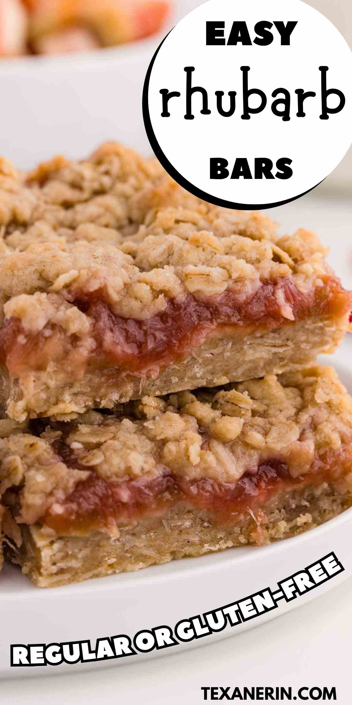 pin image for rhubarb bars showing the bars stacked on a white plate on a white table and a text saying regular or gluten-free