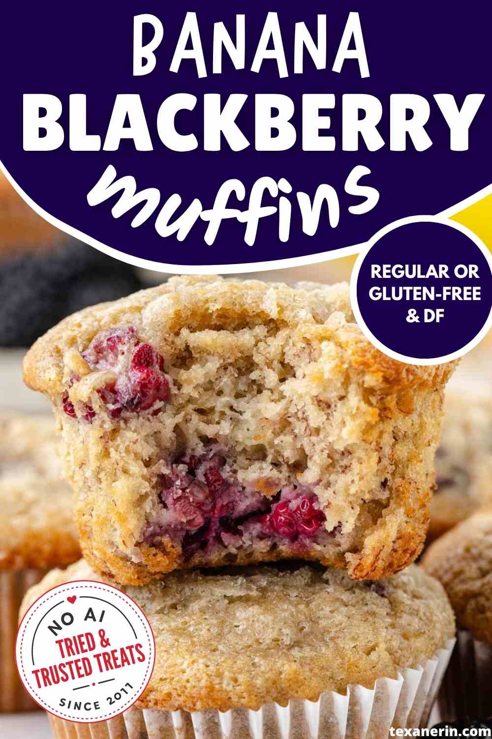 pin image for blackberry banana muffins showing a stack of 2 muffins on a wooden cutting board and a text saying regular or gluten-free dairy-free