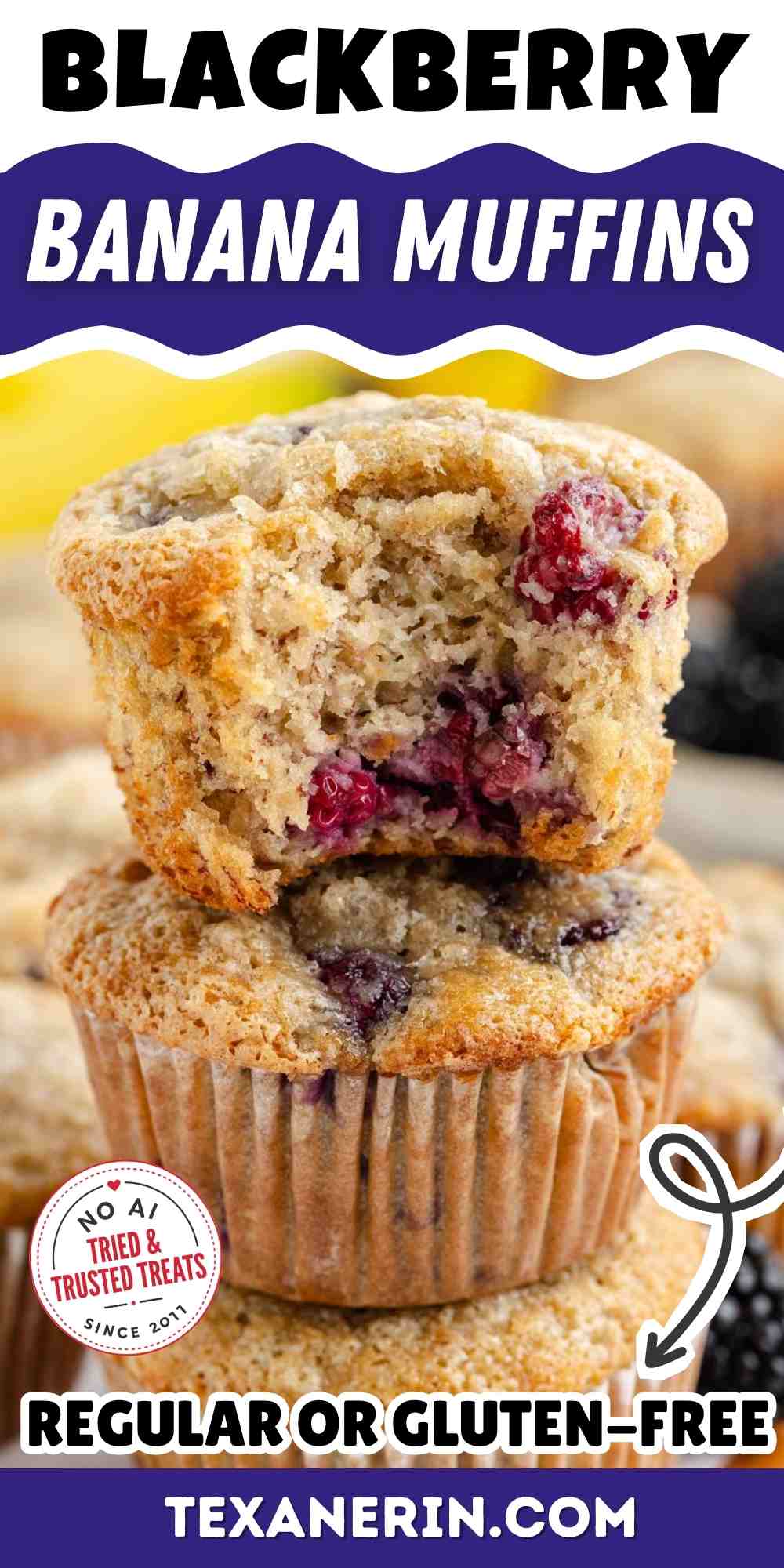 pin image for blackberry banana muffins showing a stack of 2 muffins on a wooden cutting board with a regular or gluten-free and dairy-free