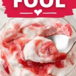 pin image of rhubarb fool showing a close-up in a jar on a white table with a text saying easy and no-bake dessert