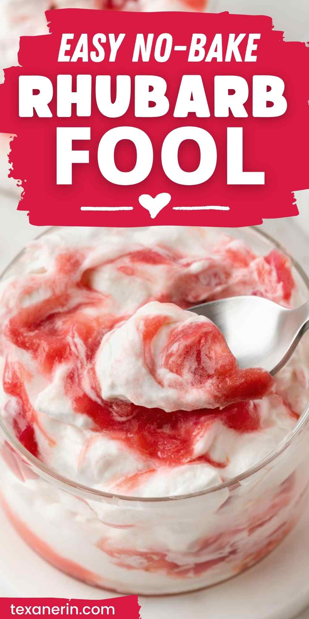 pin image of rhubarb fool showing a close-up in a jar on a white table with a text saying easy and no-bake dessert