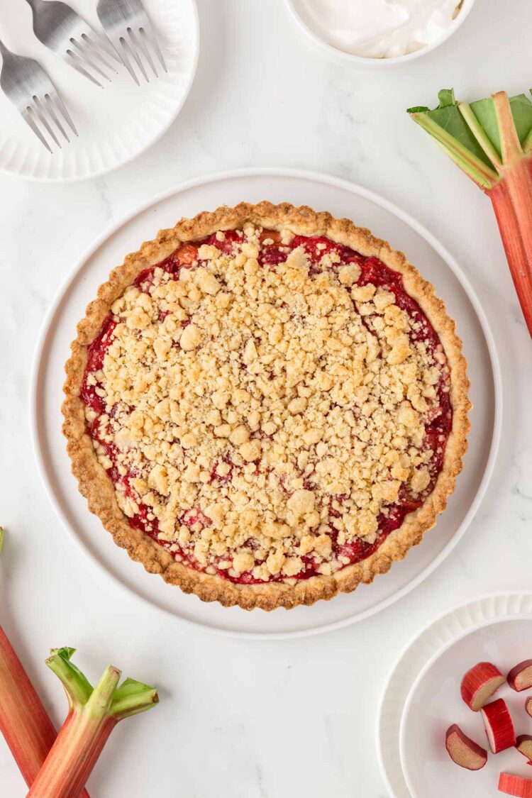 the baked rhubarb tart on a white serving dish with more rhubarb in background