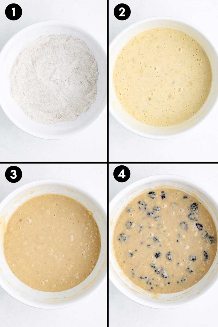 collage showing the mixing together of the muffin batter