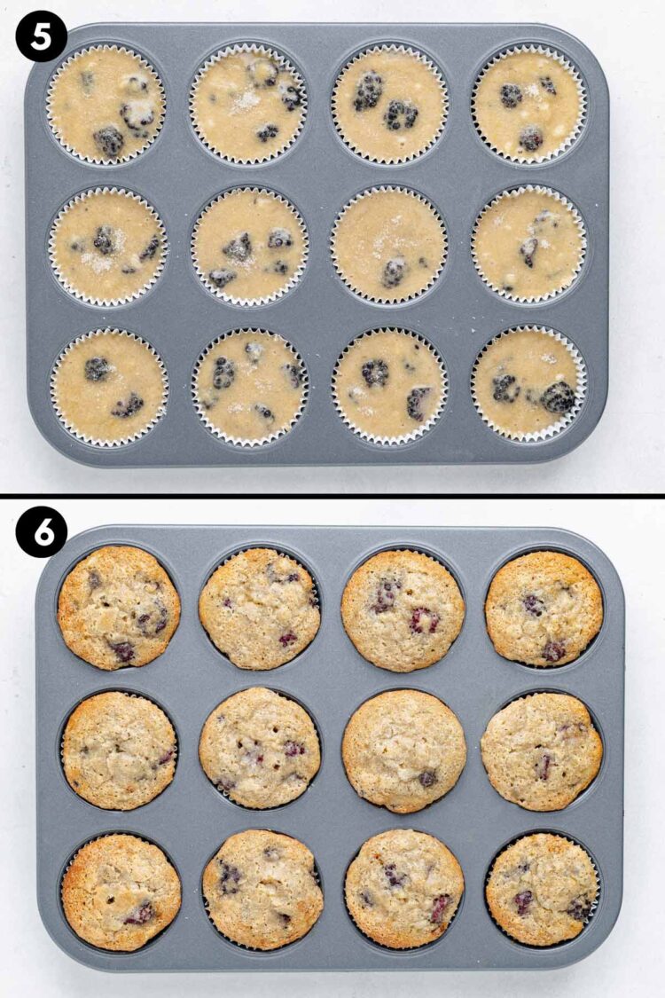 the muffin batter filled in the moulds of the muffin pan and another photo showing the baked muffins in its place