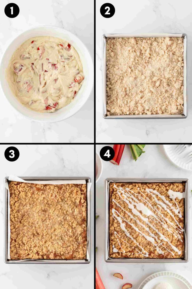 collage showing the cake batter, the batter in the pan with streusel on top, the baked cake and the cake with a powdered sugar glaze on top