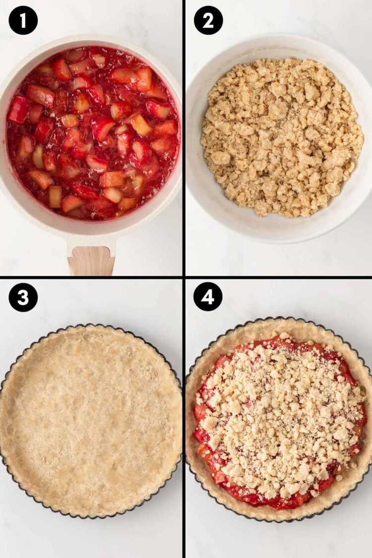 collage showing the finished filling, the crust and topping mixture, and putting those elements into the tart pan