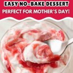pin image of rhubarb fool showing a close-up in a jar on a white table with a text saying great for mother's day and easy no-bake dessert
