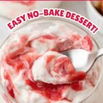 pin image of rhubarb fool showing a close-up in a jar on a white table with a text saying easy and no-bake dessert and great for mother's day