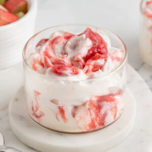 close-up of rhubarb fool on a white table