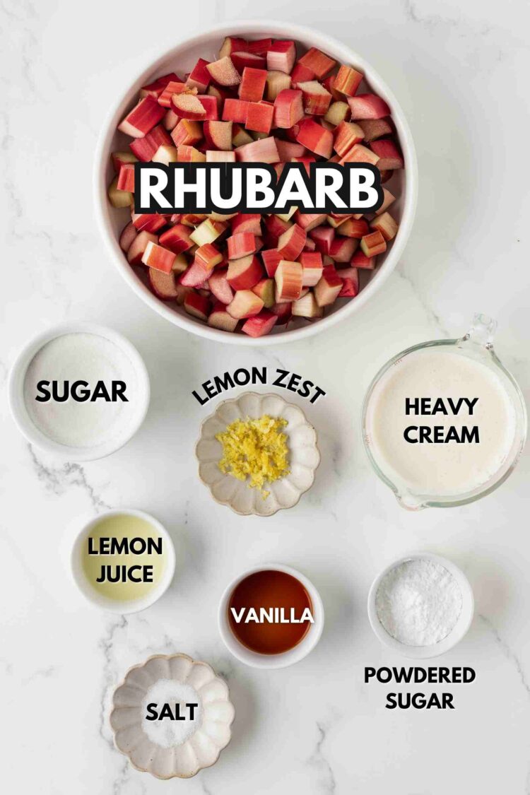 ingredients laid out to make rhubarb fool on a white table