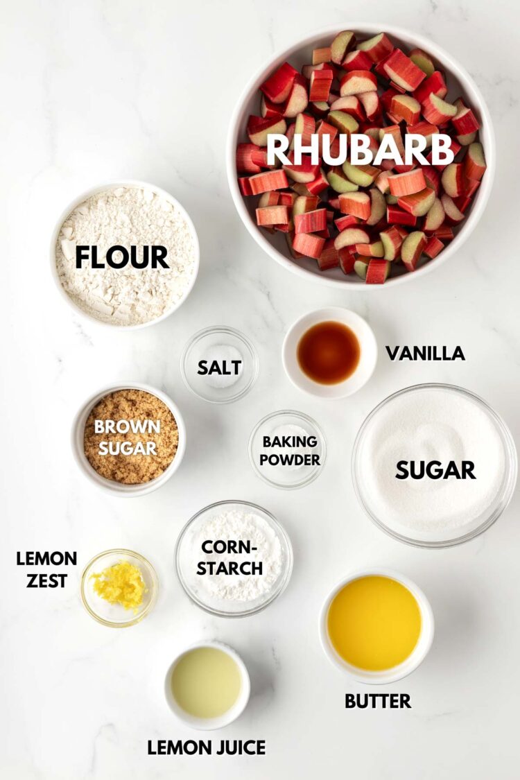 ingredients laid out to make rhubarb tart on a white table