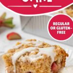 pin image for super moist rhubarb cake showing it on a white plate with glaze on top and texts saying regular or gluten-free and fresh or frozen rhubarb work