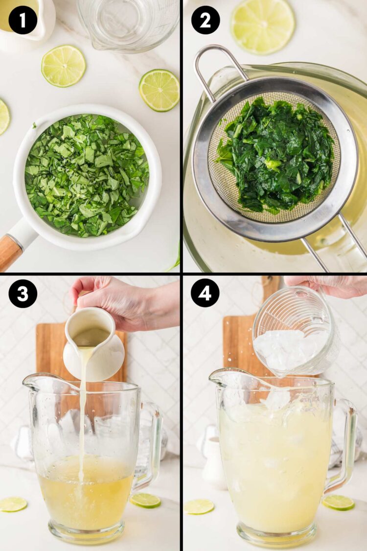 collage showing the steeping of basil leaves, straining them, and pouring the basil concentrate into a glass