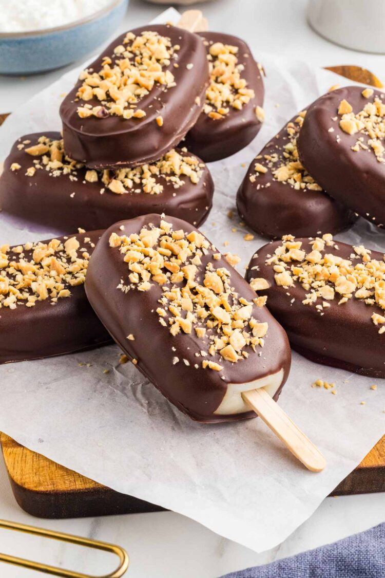 close-up of copycat magnum bars on white parchment paper