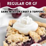 pin image for cherry tart showing a slice on a white plate and a text saying regular or gluten-free