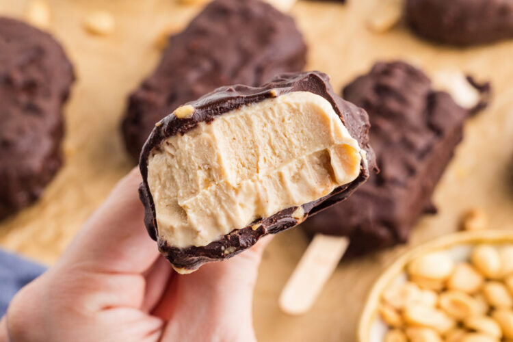 close-up of a bitten into greek yogurt bar