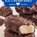 pin image for greek yogurt ice cream bars showing a stack of the bars on a white plate