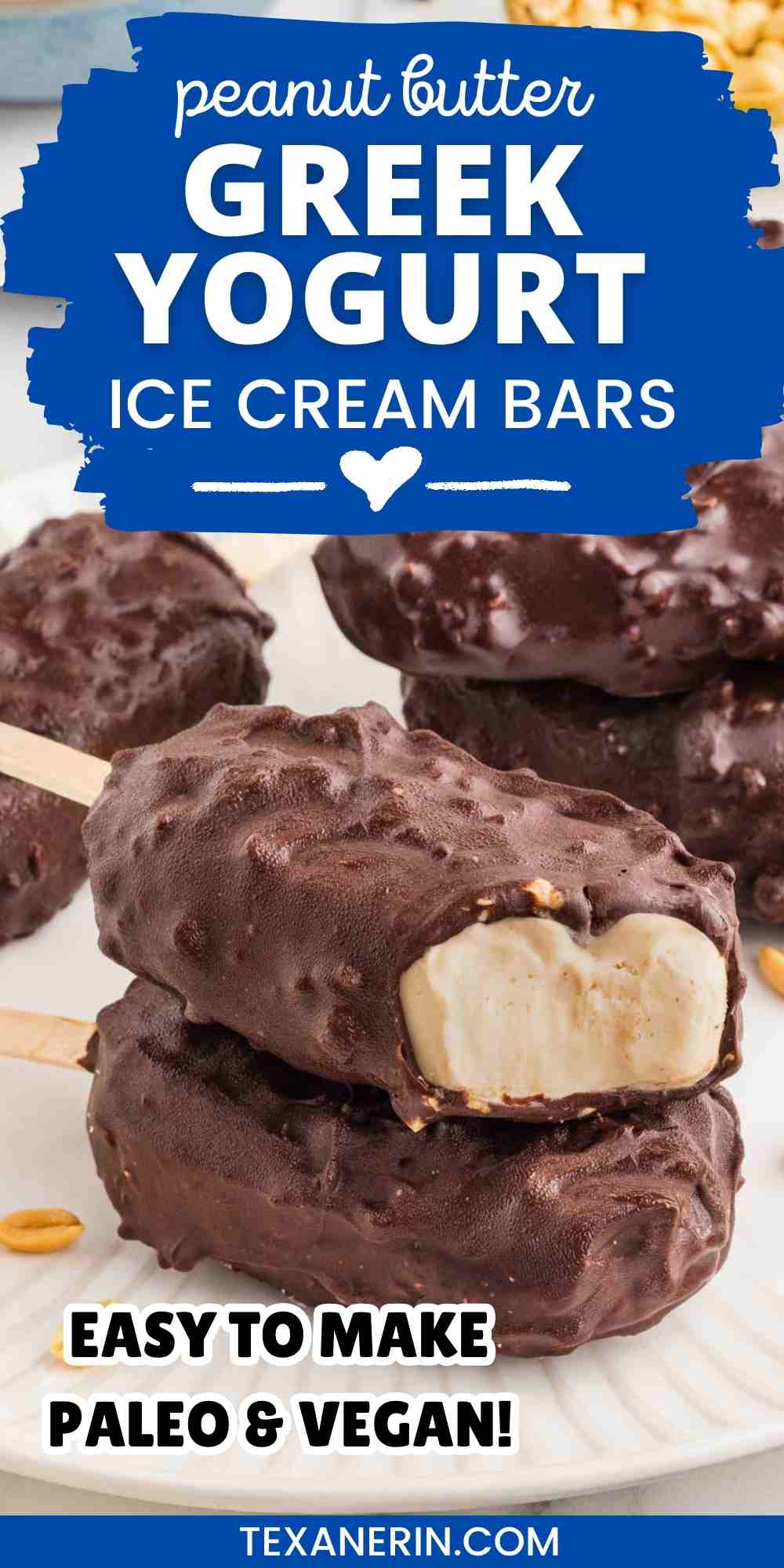 pin image for greek yogurt ice cream bars showing a stack of the bars on a white plate