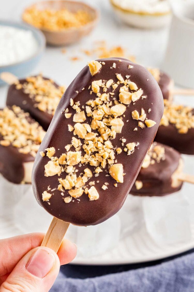 hand holding a chocolate-covered protein ice cream bar topped with peanuts, with more bars in the background