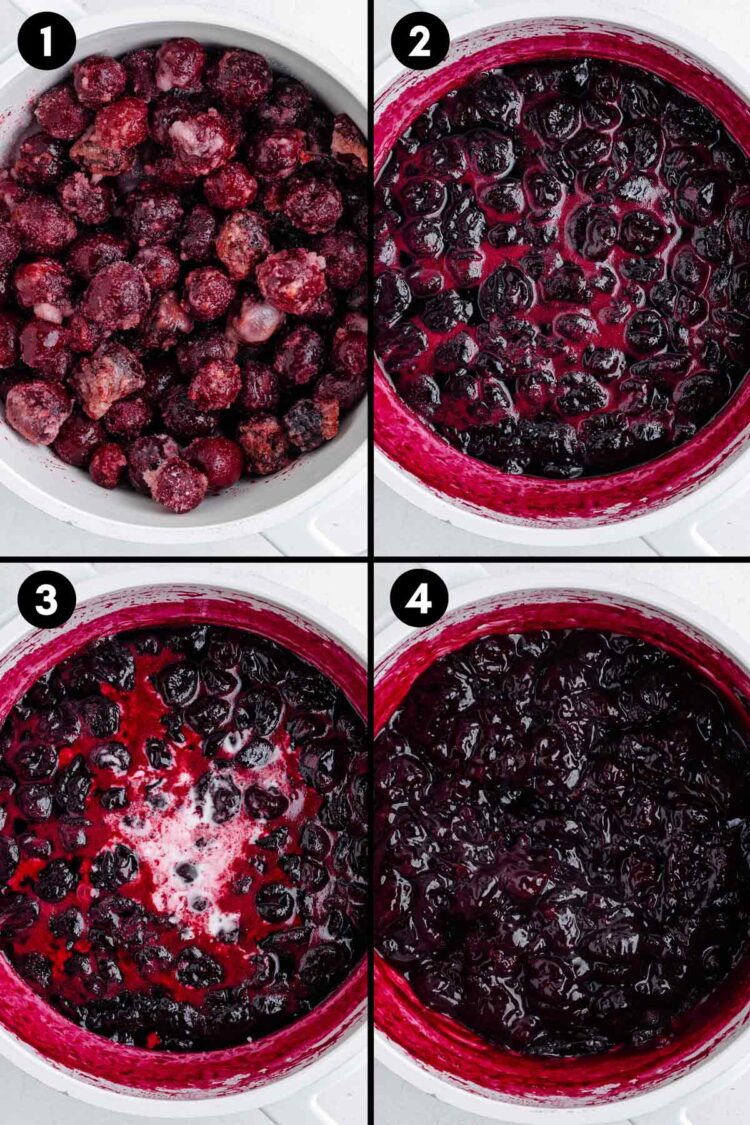 collage showing how to mix together and cook the cherry filling