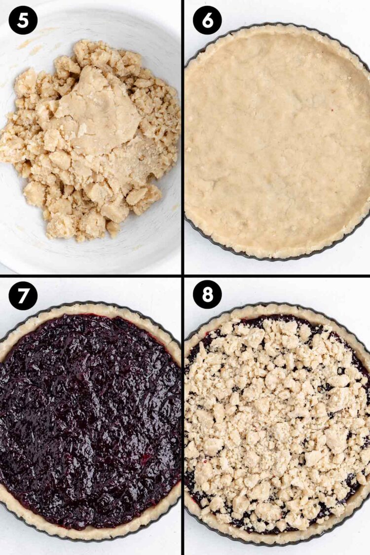 collage showing the mixing together and pressing in of the tart dough, spreading the cherry filling on top, and the topping sprinkled over the top of the cherry filling