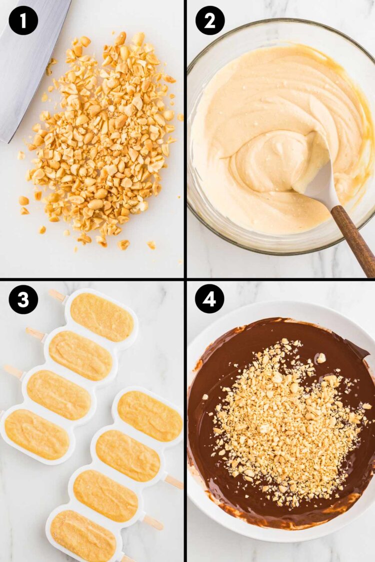 collage showing the chopped peanuts, the mixed ice cream mixture, the mix in the popsicle molds and the chopped nuts in the chocolate