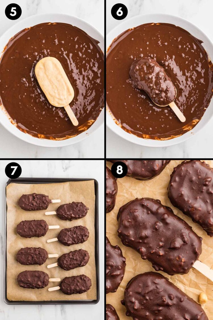 collage showing how to dip the bars in chocolate, how they look when covered, the bars placed on parchment paper and the frozen bars