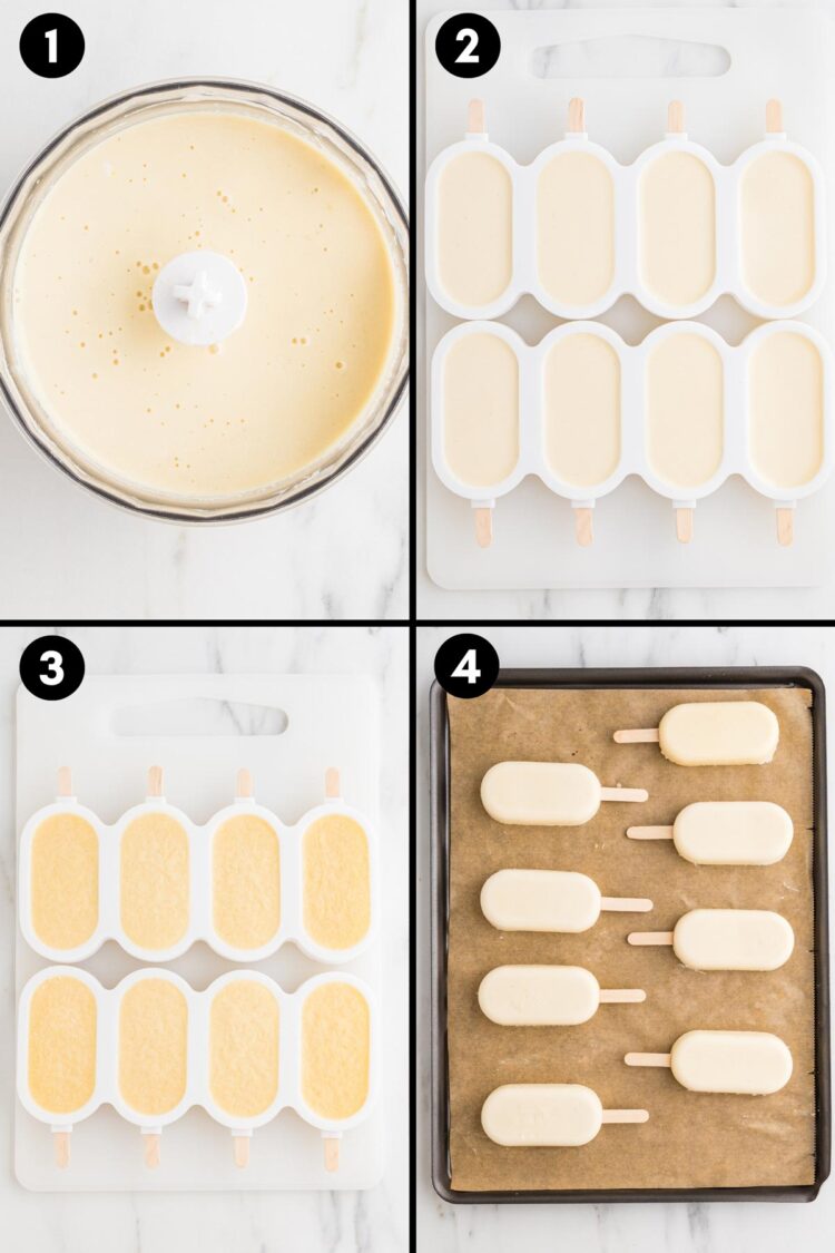 collage showing the blended filling, pouring it into a silicone popsicle mold and freezing the bars