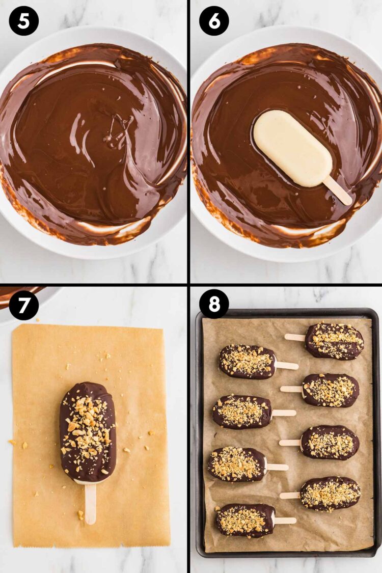 collage showing how to dip the ice cream bars in the chocolate, add the peanuts and put them on a tray