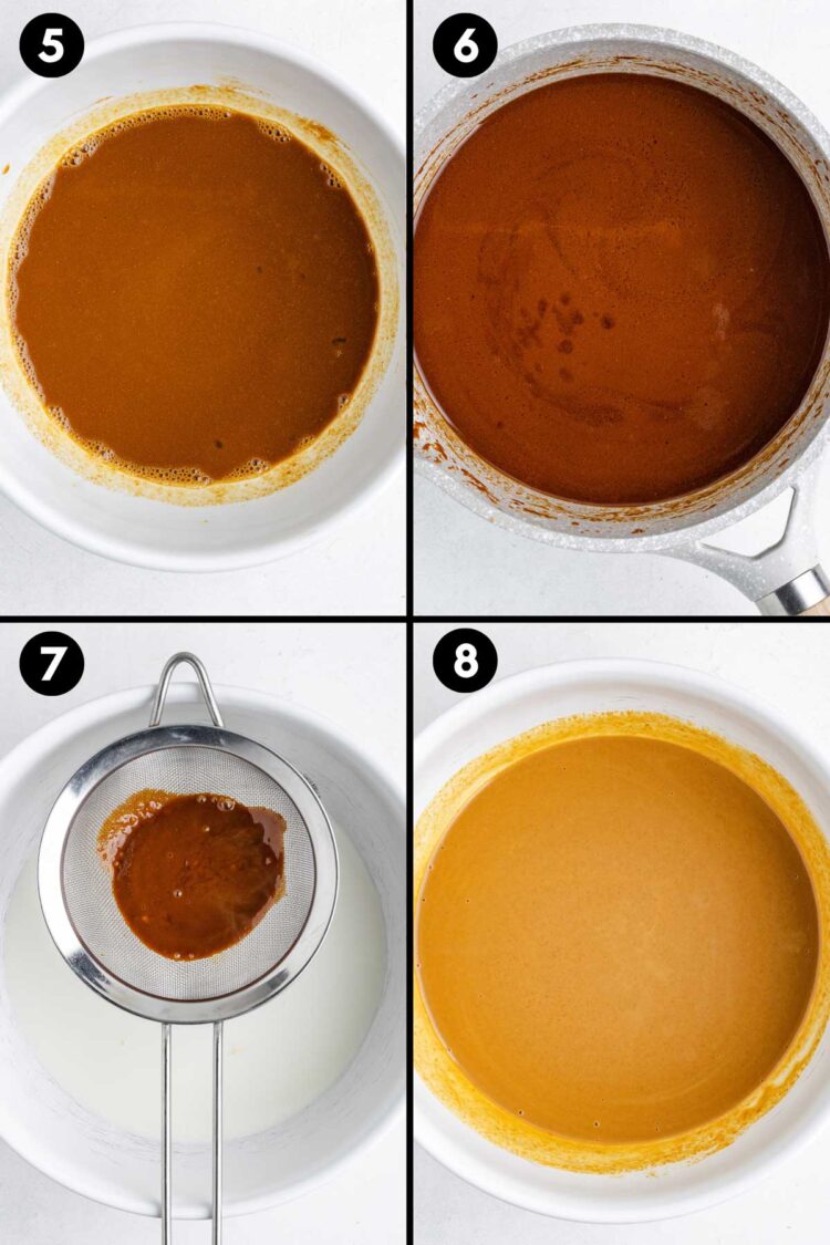 collage showing the steps of making butterscotch ice cream, including making and straining the custard