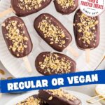 pin image for protein ice cream bars showing the bars on a plate of ice and a text saying regular or vegan and with cottage cheese and greek yogurt