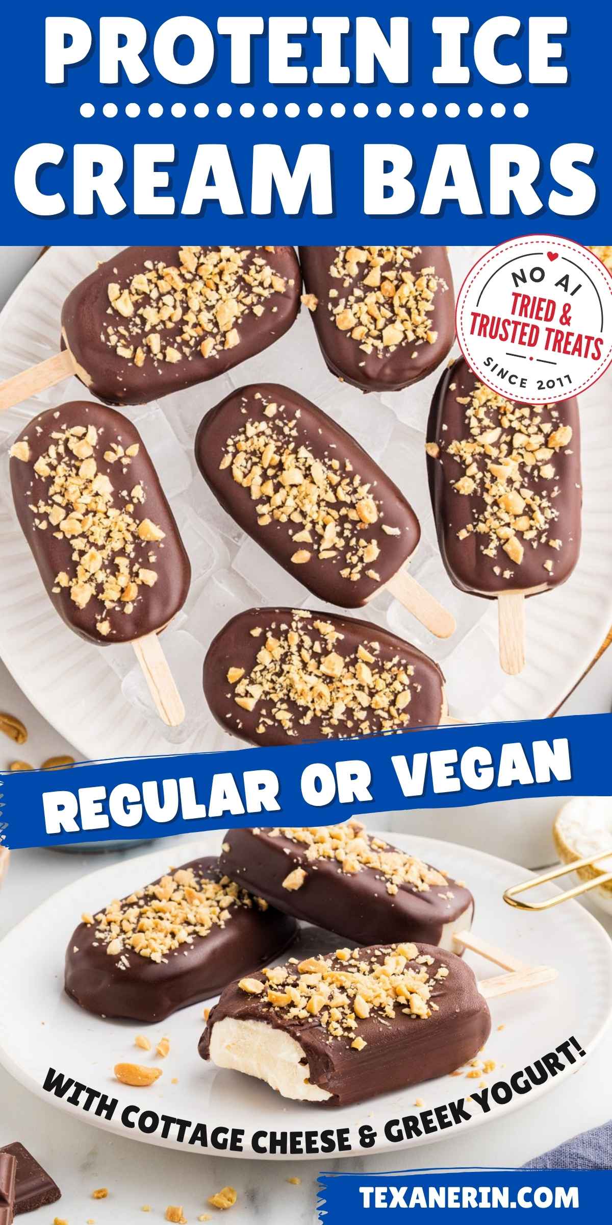 pin image for protein ice cream bars showing the bars on a plate of ice and a text saying regular or vegan and with cottage cheese and greek yogurt