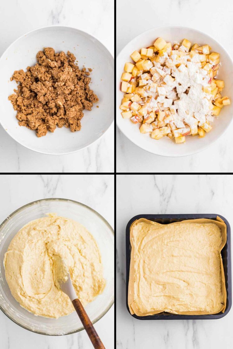 collage showing the mixing together of the batter and spreading it in the pan