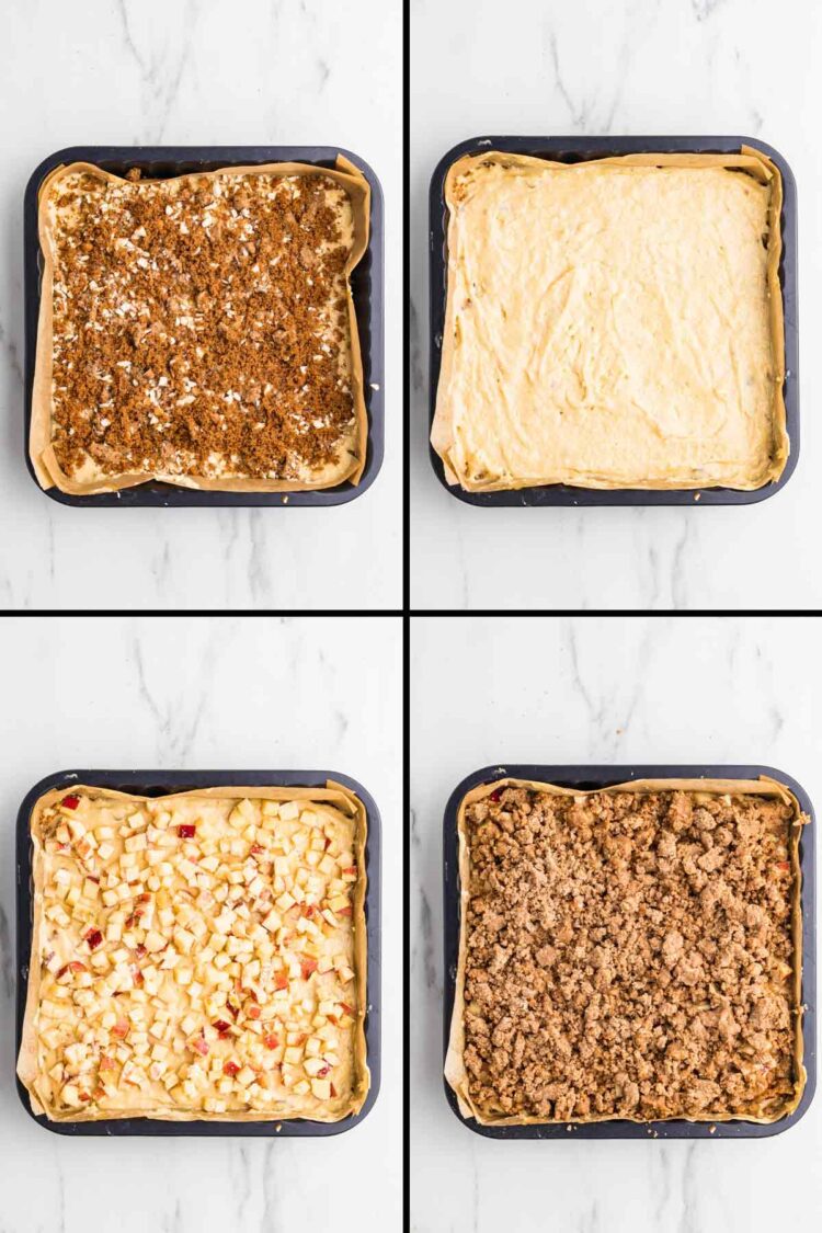 collage showing the assembly of the applesauce coffee cake