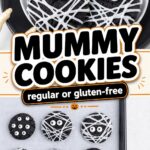 mummy cookies on a black plate and a text saying regular or glutne-free