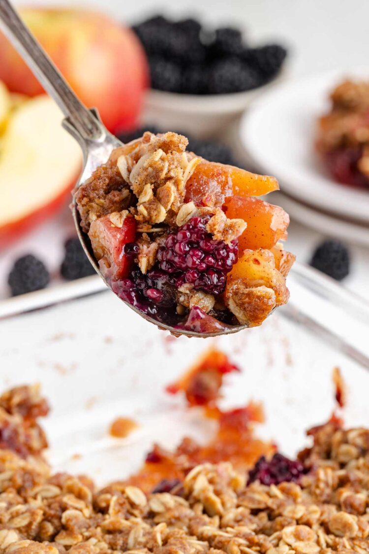 spoonful of apple blackberry crumble with cinnamon apples, blackberries and oat topping