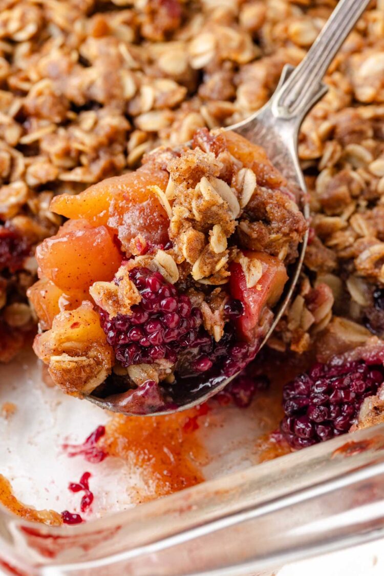 close-up of apple blackberry crumble in the baking dish