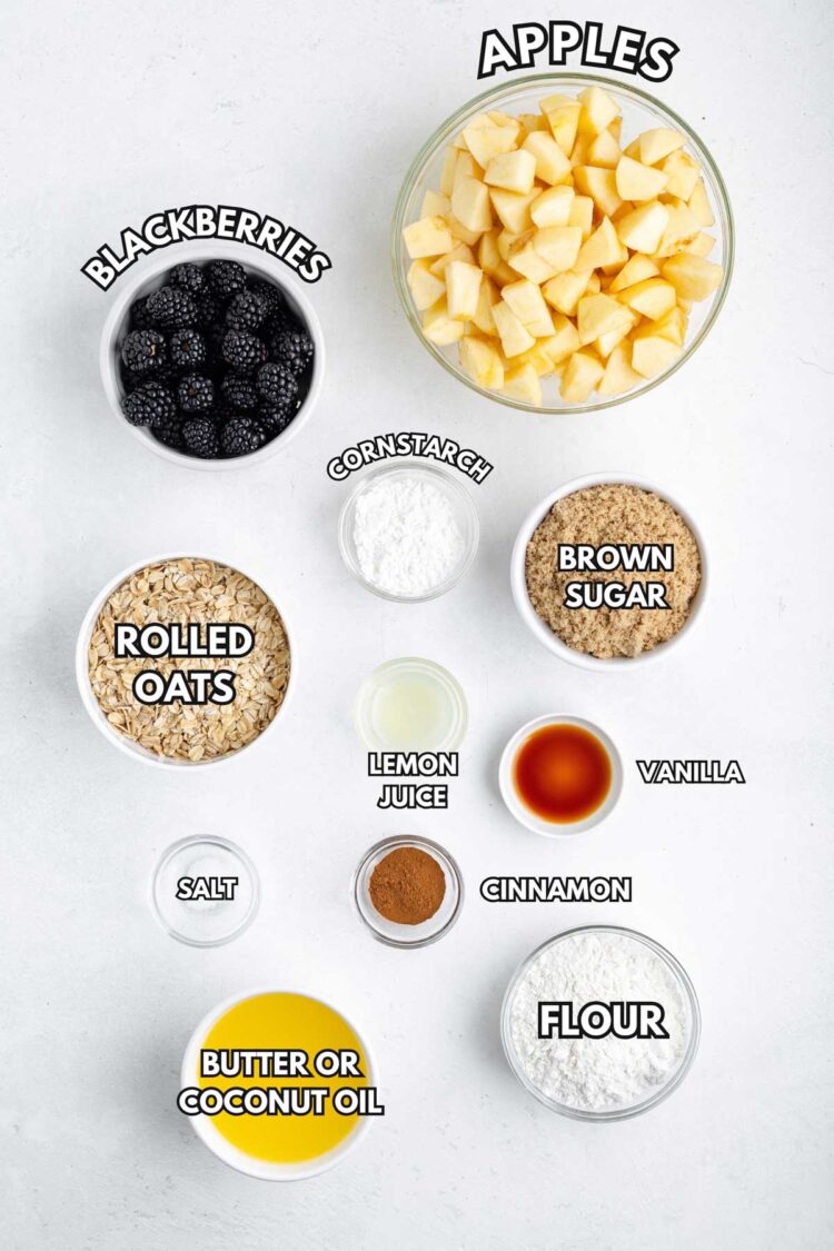 ingredients laid out to make apple blackberry crumble
