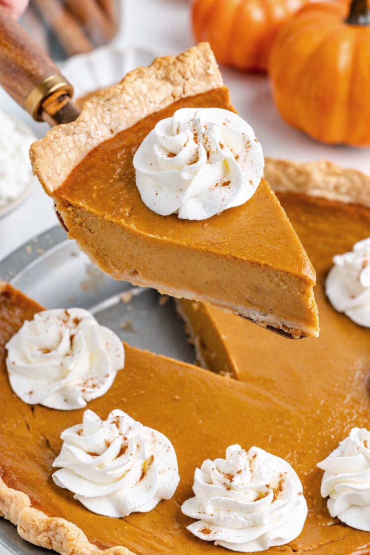 A slice of gluten-free pumpkin pie topped with whipped cream and cinnamon, with whole pumpkins in the background.