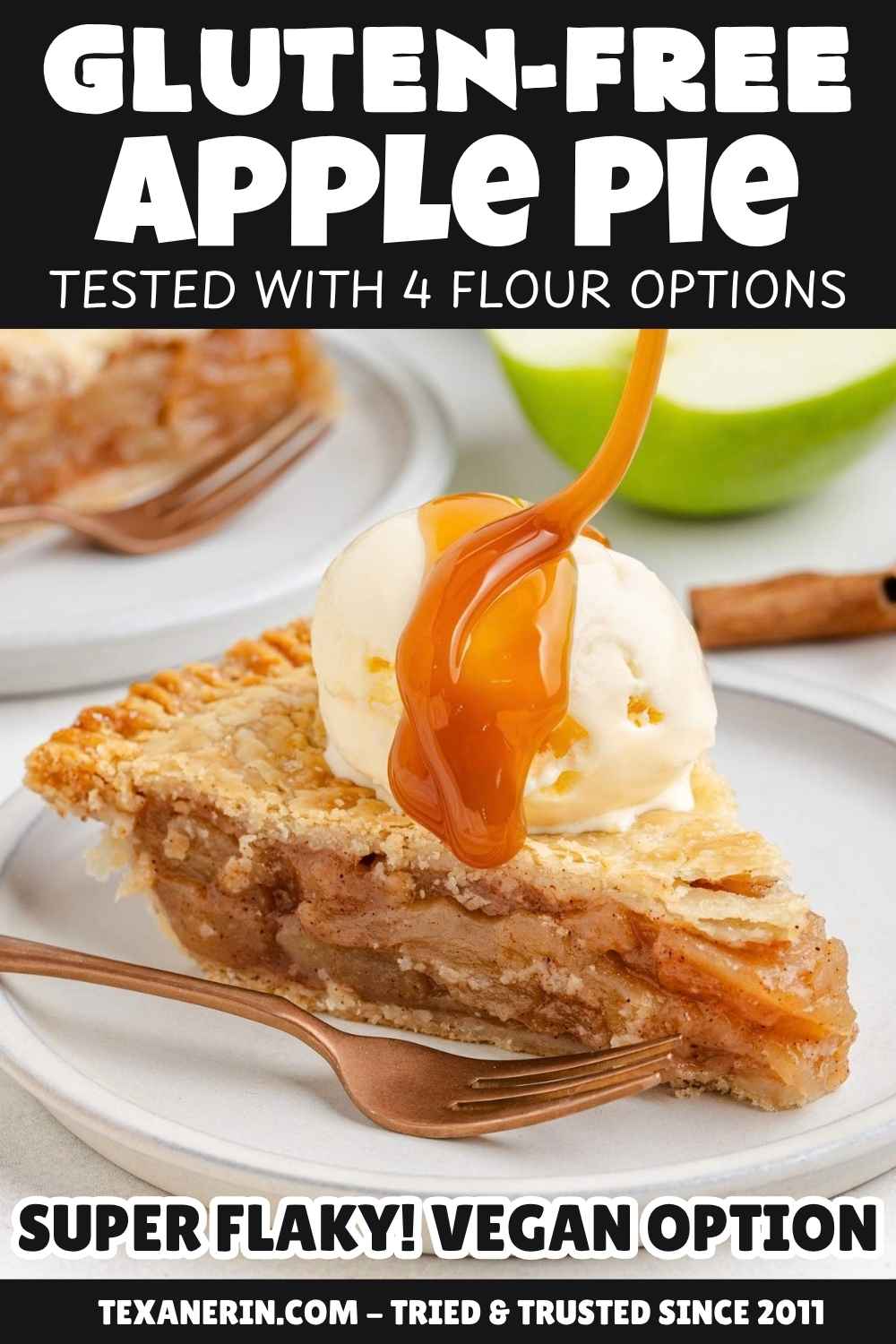 pin image for gluten-free apple pie showing a slice on a white plate with ice cream and a text saying tested with 4 flours and easy to make vegan
