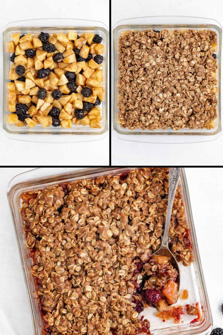 collage showing the fruit being placed in the baking dish and topping put on top