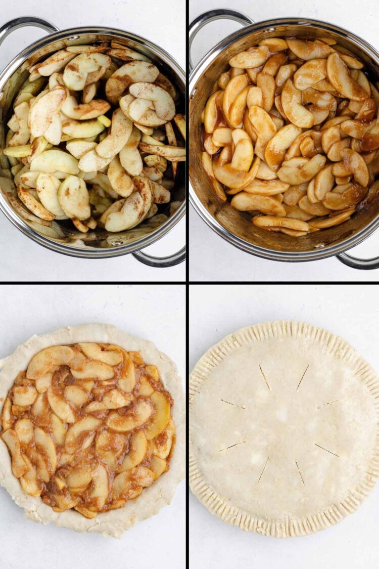 Sliced apples mixed with cinnamon prepare for a gluten-free apple pie in a pie crust, showcasing the baking process.