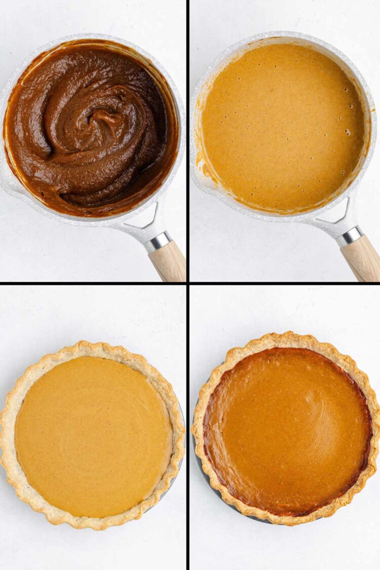 Step-by-step process of making gluten-free pumpkin pie, from mixing filling to baking in a crust.
