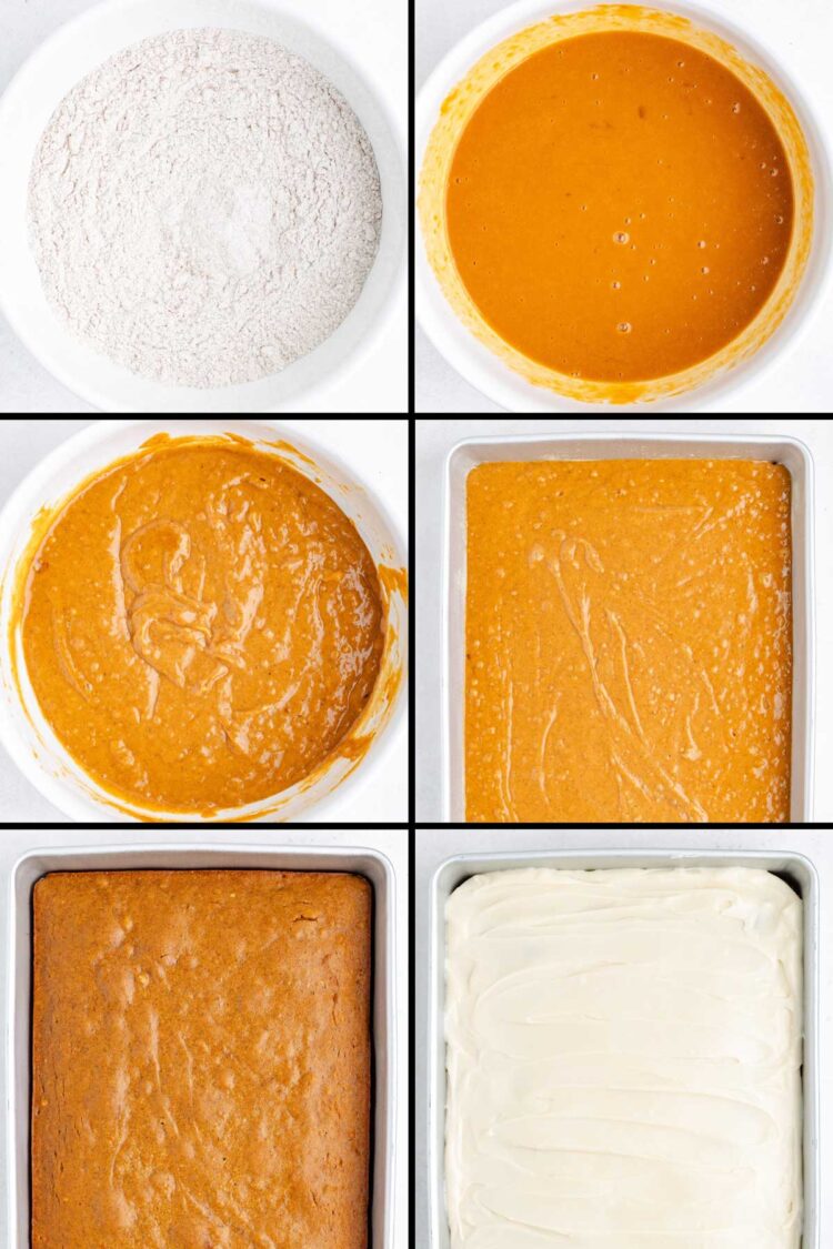 Step-by-step process of making sweet potato cake, from mixing ingredients to frosting the baked cake.